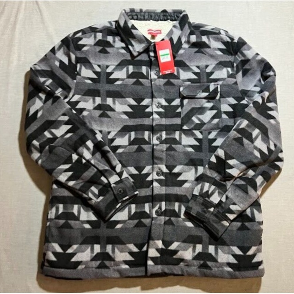 Unionbay Aztec Button Up Shacket Adult Large Gray Sherpa Lined Long Sleeve Mens